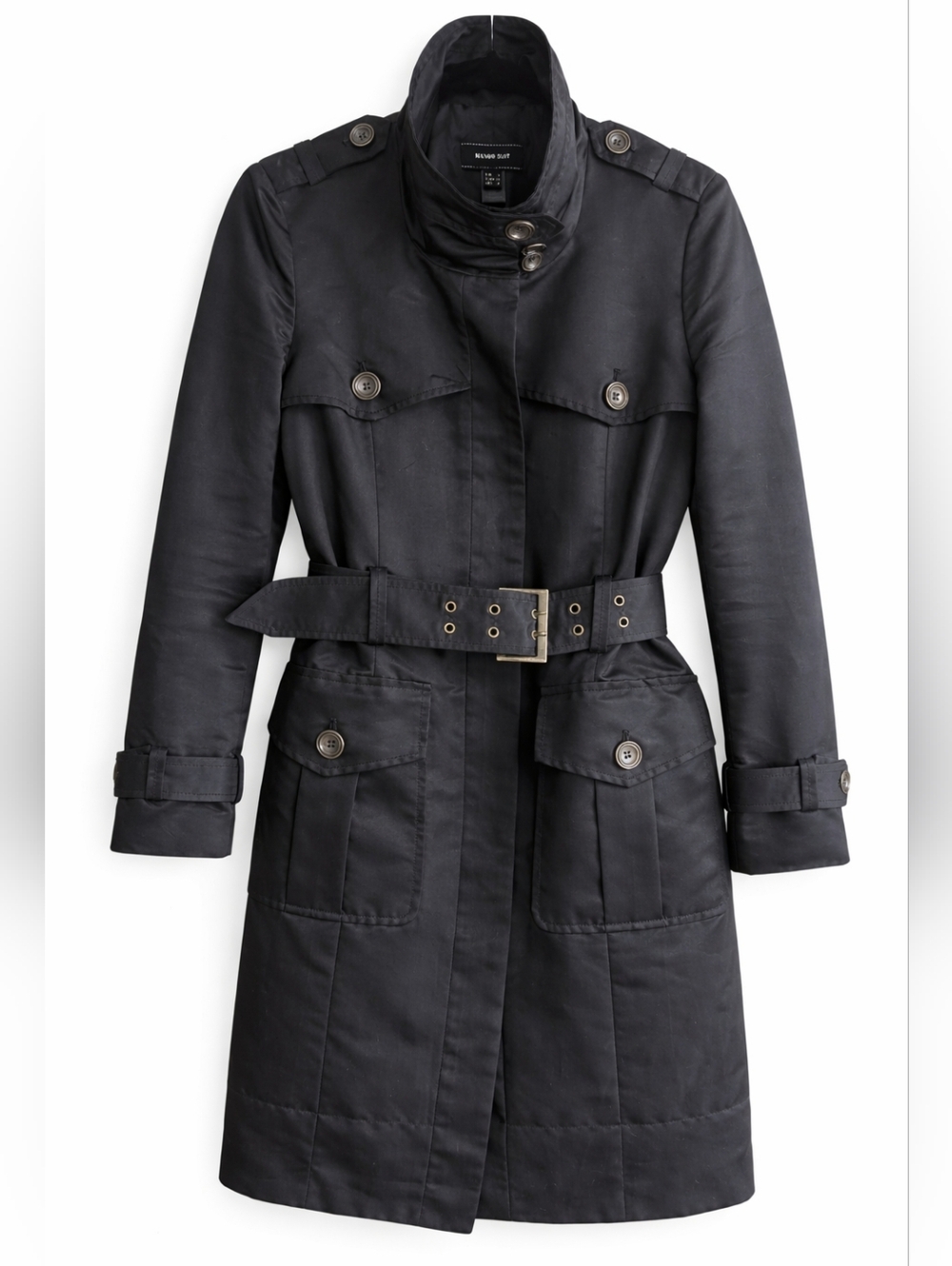 Mango Suit Black Belted Trench Coat High Collar Tailored Jacket S